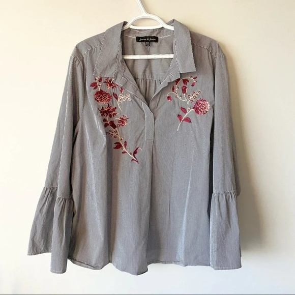 Jasmine & Juliana Striped Bell Sleeve Embroidered  Top - Picture 4 of 16